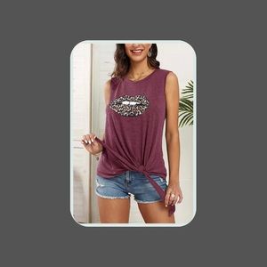Leopard Lips Tank Top Tie Front Casual Sleeveless Funny T Shirt